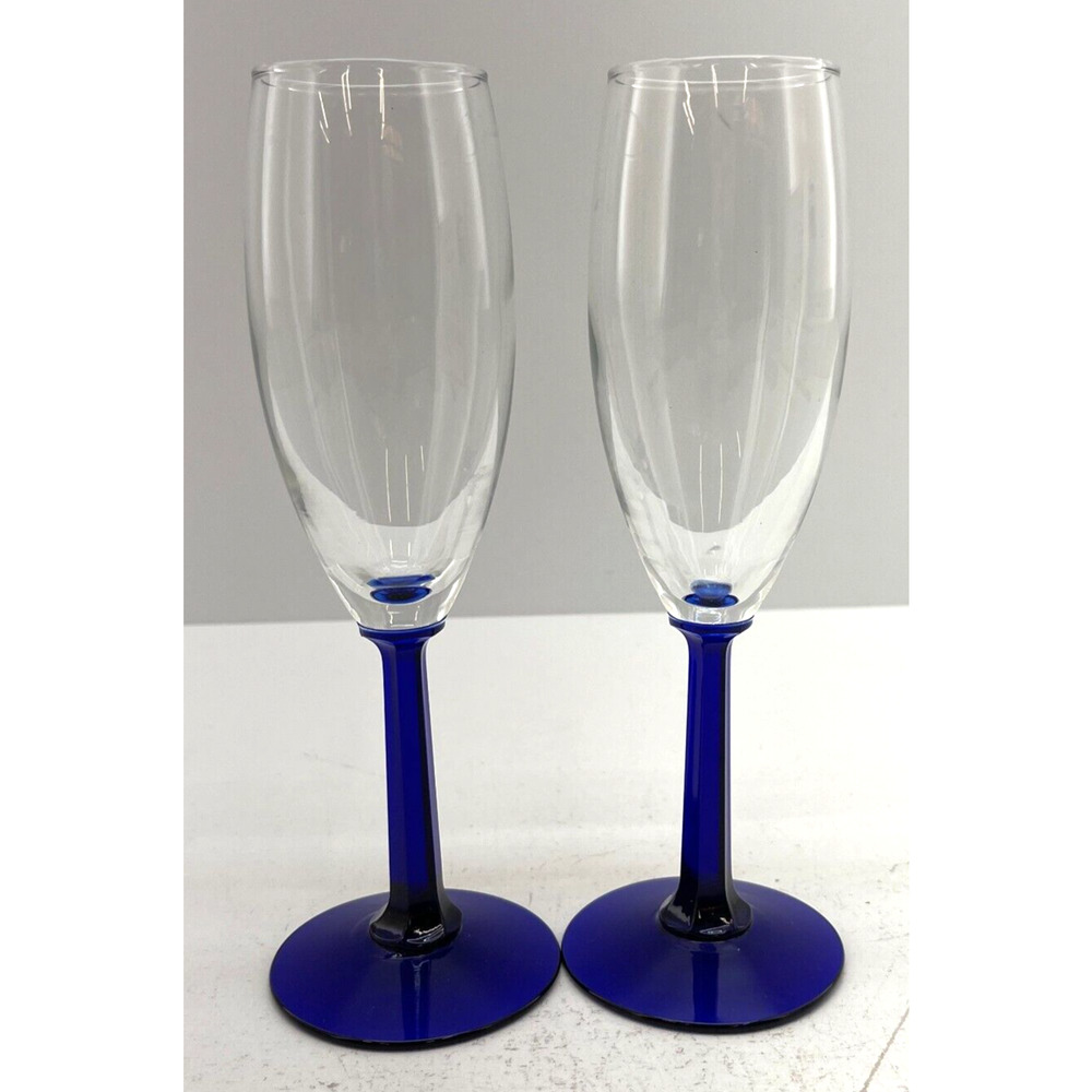 Set of 2 Cobalt Blue Champagne Flute Glass Cordial Stemmed Glasses 7.75” Tall